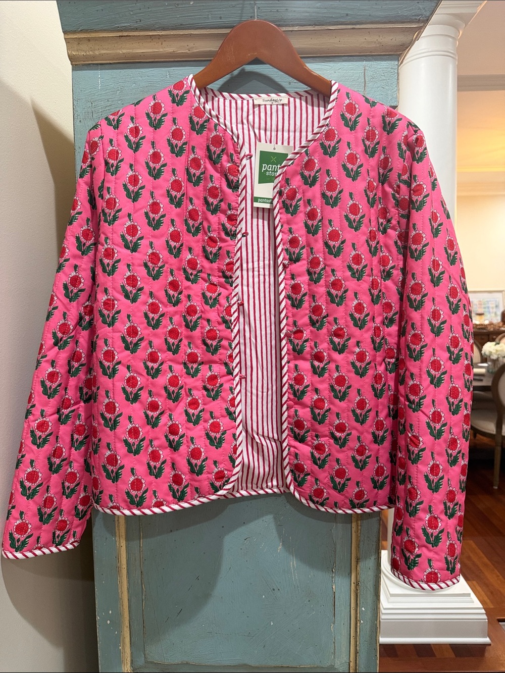 Quilted Block Print Floral Jacket Pink Boho Cotton Reversible Coat M
